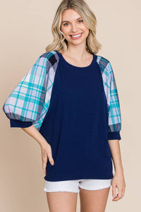 Plaid Bubble Sleeves Top: Navy Blue