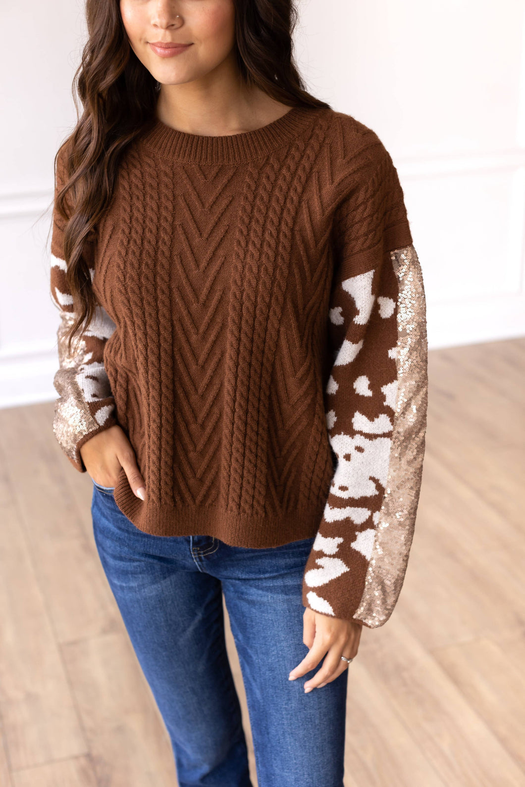 Festive Cow Print Fawn Sweater: Brown / X-Small