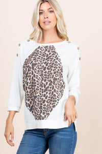 French Terry Animal Print Contrast Top: Ivory