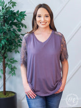 Load image into Gallery viewer, Montana Moon V-Neck Lace Short Sleeve Top in Charcoal Purple: Purple / 3X-Large