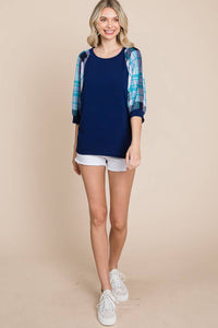 Plaid Bubble Sleeves Top: Navy Blue