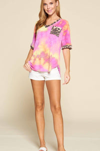 Tie Dye V Neck Animal Print Pocket Top: Fuchsia