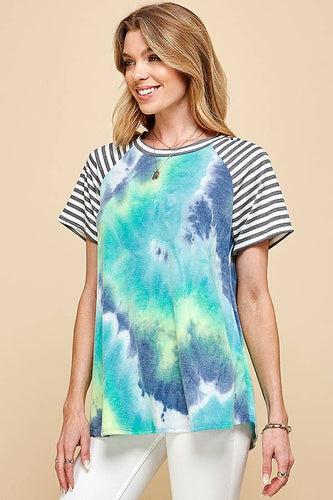 WOMEN TIE DYE COLOR BLOCK ROUND NECK T-SHIRT AQUA OR FUCHSIA