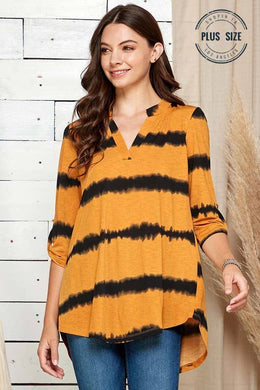 PLUS TIE DYE BAND COLLAR ROLL UP SLEEVE TUNIC: MUSTARD COMBO