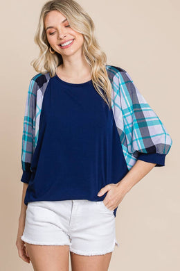 Plaid Bubble Sleeves Top: Navy Blue