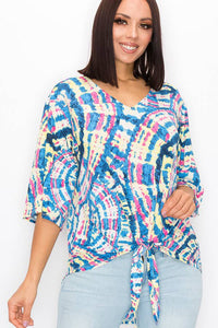 WOMEN TIE DYE 3/4 SLEEVE T-SHIRT w FRONT TIE : Multi-Colored