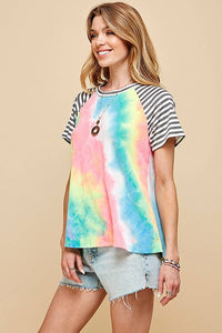 WOMEN TIE DYE COLOR BLOCK ROUND NECK T-SHIRT AQUA OR FUCHSIA