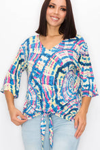 Load image into Gallery viewer, WOMEN TIE DYE 3/4 SLEEVE T-SHIRT w FRONT TIE : Multi-Colored