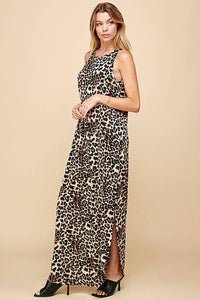 WOMEN LEOPARD SLEEVELESS MAXI SLIT DRESS: BROWN COMBO