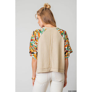 WOOVEN CONTRAST TOP: SAGE COMBO / M