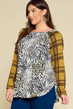 Load image into Gallery viewer, Plus Size Animal Print Casual Top with Plaid: Ivory/Mustard