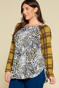 Plus Size Animal Print Casual Top with Plaid: Ivory/Mustard