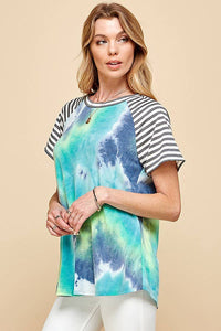 WOMEN TIE DYE COLOR BLOCK ROUND NECK T-SHIRT AQUA OR FUCHSIA