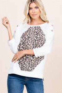 French Terry Animal Print Contrast Top: Ivory