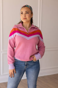 Vintage Vibes Pink Quarter Zip Sweater: Pink / X-Small