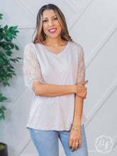 Load image into Gallery viewer, Montana Moon V-Neck Lace Short Sleeve Top in Grey: Grey / 3X-Large