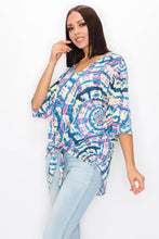 Load image into Gallery viewer, WOMEN TIE DYE 3/4 SLEEVE T-SHIRT w FRONT TIE : Multi-Colored