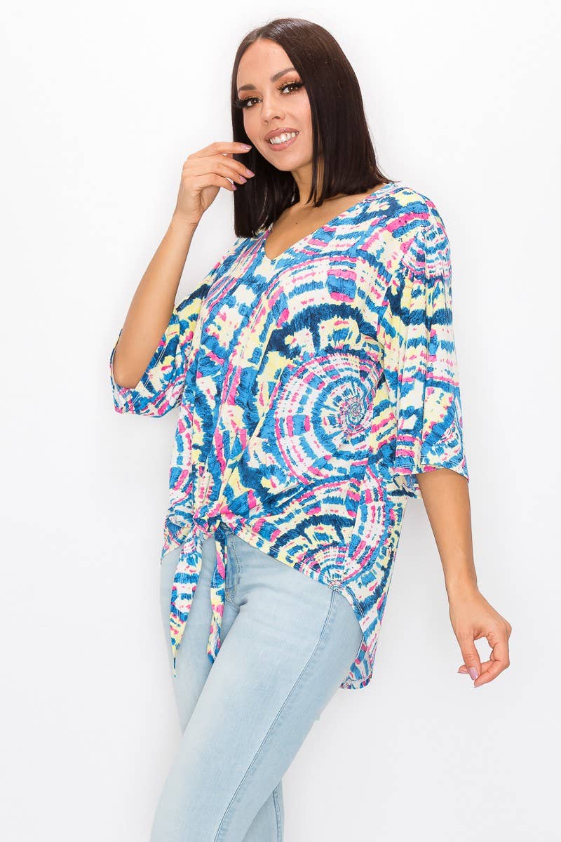 WOMEN TIE DYE 3/4 SLEEVE T-SHIRT w FRONT TIE : Multi-Colored