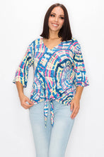 Load image into Gallery viewer, WOMEN TIE DYE 3/4 SLEEVE T-SHIRT w FRONT TIE : Multi-Colored