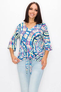 WOMEN TIE DYE 3/4 SLEEVE T-SHIRT w FRONT TIE : Multi-Colored