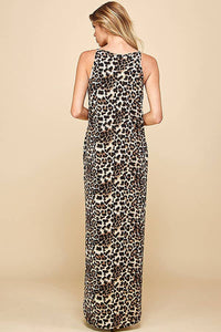 WOMEN LEOPARD SLEEVELESS MAXI SLIT DRESS: BROWN COMBO