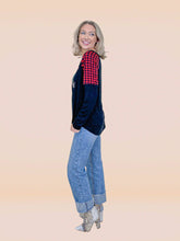 Load image into Gallery viewer, Buc-ee&#39;s Joy to the World on Black Long Sleeve &amp; Plaid Shoulders: Black / Small