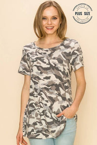 PLUS SIZE CAMOUFLAGE ROUND NECK T-SHIRT : BEIGE SILVER COMBO