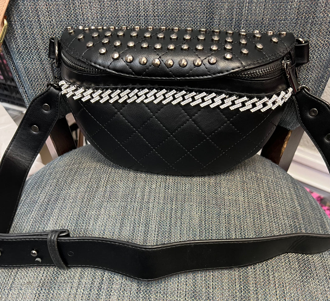 Leather quilted sling bag Rhinestone Studded Black