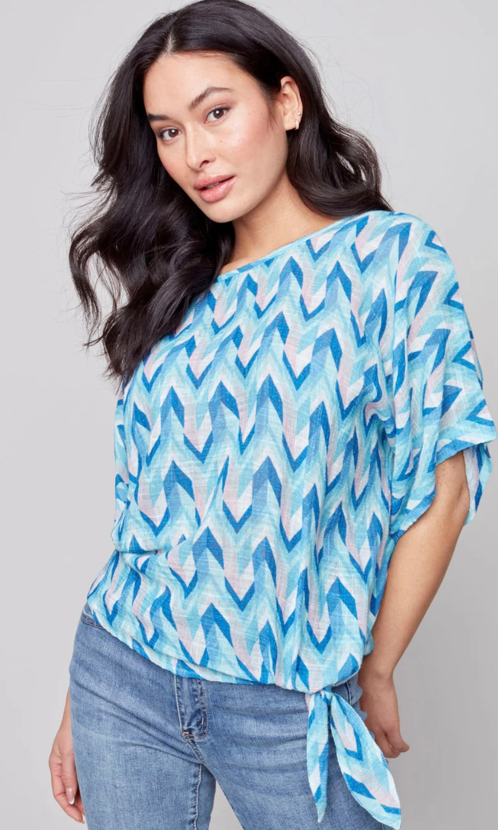 Printed Cotton Gauze Blouse with Side Tie - Azul  Charlie B