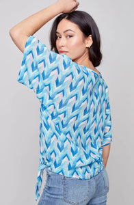 Printed Cotton Gauze Blouse with Side Tie - Azul  Charlie B