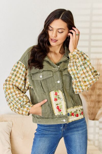 Embroidered Button Down Raw Hem Shacket