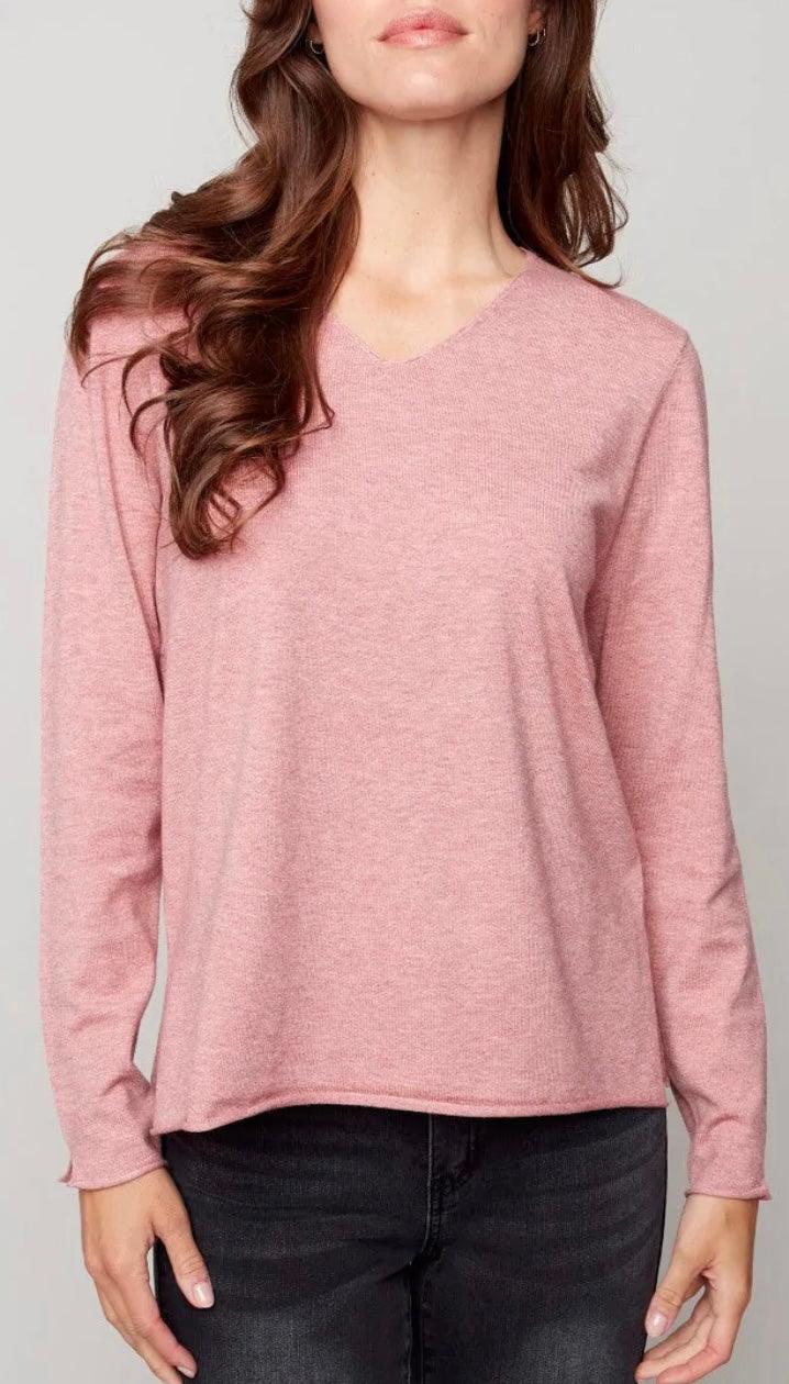 Charlie B Basic V-Neck woodrose knit stich sweater - Sassy Shelby's