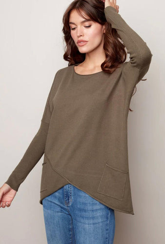 Charlie B Tunic knit sweater with pockets pine - Sassy Shelby's